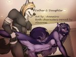  2016 annairu anthro balls black_nose black_penis blush breasts canine cum cum_in_pussy cum_inside daughter father father_and_daughter female fur grey_fur hair incest male male/female male_penetrating mammal parent penetration penis purple_eyes purple_fur purple_hair pussy red_eyes sex smile teeth vaginal vaginal_penetration white_fur 