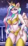  2018 5_fingers anthro balcony big_breasts blurred_background bra breasts cleavage clothed clothing cloud crown equine eyebrows eyelashes feathered_wings feathers female friendship_is_magic fully_clothed hair horn legwear long_hair makeup mammal mascara multicolored_hair my_little_pony navel outside panties pinktooth portrait princess_celestia_(mlp) purple_eyes railing rainbow_hair sky smile solo thick_thighs thigh_highs three-quarter_portrait under_boob underwear white_feathers winged_unicorn wings 