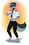 anthro canine clothed clothing comfycushion fur hair hat male mammal necktie simple_background solo standing 