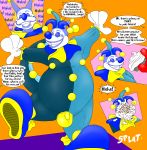  2016 4_fingers absurd_res anthro balls blue_eyes blue_nose brainwashing butt clothing clown dialogue digital_drawing_(artwork) digital_media_(artwork) duo english_text food gloves hi_res kanada laugh makeup male mammal mind_control nude orange_background overweight penis pie reptile scalie simple_background smile snake_tornado solo_focus sound_effects speech_bubble spiral spiral_eyes standing teeth text transformation 