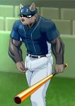  anthro ball_park baseball_(disambiguation) baseball_cap baseball_uniform belt blush brute_(artist) bulge canine clothing embarrassed erection erection_under_clothes game_(disambiguation) hat male mammal muscular muscular_male nervous public sweat uniform unwanted_erection wolf 