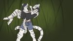  adrianna_(white_tiger_hunting) black_hair blue_eyes clothing feline female feretta fur hair jungle lifting male mammal muscular muscular_female muscular_male shirt shorts stripes tiger touma&iuml; white_fur 