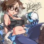  bongfill breasts brown_eyes brown_hair collarbone dated eyebrows_visible_through_hair glasses large_breasts looking_at_viewer mei_(overwatch) mole mole_under_mouth navel open_mouth overwatch short_hair sitting solo sweat 