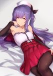 ajax_(azur_lane) armpits azur_lane bangs bed_sheet black_bow black_legwear blunt_bangs blush bow breasts capelet commentary_request detached_sleeves hat long_hair looking_at_viewer pantyhose pink_eyes purple_hair red_skirt remodel_(azur_lane) saisarisu shiny shiny_hair skirt small_breasts smile solo teeth twintails white_capelet white_hat 