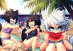  3girls abs alternate_age beach black_hair blanket blue_eyes braid child crab crescentia deathblight eating empress_(deathblight) fangs laika_(deathblight) minori_(deathblight) multiple_girls navel ocean one-piece_swimsuit palm_tree ponytail purple_eyes sand scared short_hair silver_hair sky smile swimsuit watermelon white_hair yellow_eyes younger 