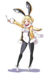  animal_ears animal_slippers black_legwear blonde_hair bow bowtie bunny_earmuffs bunny_ears bunny_slippers coat disgaea eyebrows_visible_through_hair full_body fur-trimmed_coat fur-trimmed_sleeves fur_trim hairband holding hood hood_down iwasi-r jacket leotard looking_at_viewer makai_senki_disgaea_5 pantyhose pom_pom_(clothes) red_bow red_eyes scarf short_eyebrows short_hair sleeves_past_wrists slippers solo thick_eyebrows usalia_(disgaea) white_scarf yellow_coat 