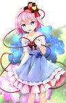  adapted_costume breasts commentary_request dress hat heart komeiji_satori looking_at_viewer medium_breasts mini_hat mini_top_hat pink_hair purple_eyes short_hair smile solo third_eye top_hat touhou yuuforia 