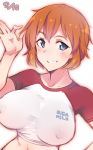  alternate_hairstyle blue_eyes blush breasts charlotte_e_yeager clothes_writing covered_nipples crop_top em impossible_clothes impossible_shirt large_breasts mega_milk raglan_sleeves shirt short_hair smile strike_witches t-shirt world_witches_series 