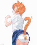  animal_ears animal_print artist_name ass cat_ears cat_print cat_tail from_behind highres hoshizora_rin kemonomimi_mode kino-maru_inu looking_back love_live! love_live!_school_idol_project miniskirt notice_lines orange_hair panties paw_pose plaid plaid_skirt pleated_skirt print_panties school_uniform shirt short_hair short_sleeves simple_background skirt skirt_up smile solo tail underwear white_background white_shirt yellow_eyes 