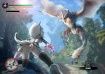  ass battle blue_sky blurry boots claws crop_top day depth_of_field dragon duel from_behind game_console gameplay_mechanics highres horns kirin_(armor) monster_hunter monster_hunter:_world rathalos skirt sky strapless tail teraguchi thigh_boots thighhighs tree upskirt vambraces white_hair 