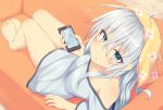  bare_shoulders barefoot blue_eyes blush cellphone commentary_request couch eyebrows_visible_through_hair hibiki_(kantai_collection) kantai_collection kerchief long_hair looking_at_viewer phone shinopoko shirt silver_hair sitting smartphone solo 