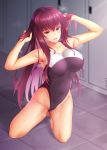  alternate_costume armpits breasts competition_swimsuit covered_navel fate/grand_order fate_(series) highres large_breasts long_hair one-piece_swimsuit purple_hair red_eyes scathach_(fate)_(all) scathach_(fate/grand_order) solo swimsuit wet zuizhong 