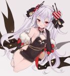  azur_lane bangs bare_shoulders black_bow black_dress bow breasts bridal_gauntlets chain china_dress chinese_clothes collarbone commentary_request covered_navel cropped_legs dress eyebrows_visible_through_hair fang grey_background hair_between_eyes hair_bow hair_ornament heart heart_hair_ornament highres long_hair parted_lips pink_bow red_eyes short_dress sidelocks silver_hair simple_background sleeveless sleeveless_dress small_breasts smile solo twintails vampire_(azur_lane) very_long_hair yuko_(uc_yuk) 