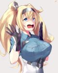  bad_id bad_twitter_id blonde_hair blue_eyes blue_shirt breast_pocket breasts crying crying_with_eyes_open gambier_bay_(kantai_collection) gloves hair_between_eyes highres kantai_collection large_breasts long_hair multicolored multicolored_clothes multicolored_gloves open_mouth pocket shirt short_sleeves solo sutaa_dasuto-kun tears twintails upper_body w_arms 