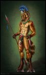  2018 abs animal_genitalia animal_penis anthro balls biceps brown_fur brown_tail brushfire chief clothing dagger equine equine_penis feathers fur headdress holding_object holding_weapon horse jewelry loincloth looking_at_viewer male mammal melee_weapon muscular muscular_male necklace nude paint pecs penis pinup polearm pose signature simple_background solo spear tribal warrior weapon 