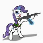  belt blue_eyes equine female feral friendship_is_magic gun hair harness holding_object holding_weapon looking_at_viewer magazine_(gun) magazine_pouch magic mammal my_little_pony open_mouth open_smile purple_hair ranged_weapon rarity_(mlp) rifle simple_background smile solo telekinesis unknown_artist weapon white_background 