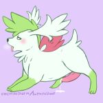  2018 animal_genitalia animal_penis blush cum cum_on_ground electrikestorm feral fur green_eyes green_fur half-closed_eyes hi_res legendary_pok&eacute;mon male nintendo penis pink_background pink_penis pok&eacute;mon pok&eacute;mon_(species) quadruped shaymin shaymin_(sky_form) side_view simple_background solo tongue tongue_out video_games white_fur 