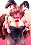  @_@ animal_ears bare_shoulders black_leotard bow bowtie breasts bunny_ears bunny_girl bunnysuit cleavage collarbone commentary_request covered_navel detached_collar fake_animal_ears fishnet_pantyhose fishnets gradient gradient_background high_heels highres imaizumi_kagerou large_breasts leotard long_hair looking_at_viewer open_mouth pantyhose red_eyes solo sotomichi strapless strapless_leotard tail tail_raised touhou trembling wavy_mouth wolf_ears wolf_tail wrist_cuffs 