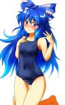  blue_bow blue_eyes blue_hair blue_swimsuit blush bow breasts commentary_request d-m_(dii_emu) hair_bow highres long_hair looking_at_viewer one-piece_swimsuit school_swimsuit simple_background small_breasts smile solo swimsuit thigh_gap touhou white_background yorigami_shion 