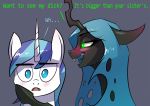  2019 blue_eyes blush changeling chrysalisdraws dialogue english_text equine fangs feral forked_tongue friendship_is_magic glowing glowing_eyes green_eyes horn mammal my_little_pony queen_chrysalis_(mlp) sharp_teeth shining_armor_(mlp) teeth text tongue unicorn 