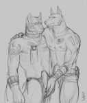  2009 aestheticmachine anthro biped bracelet bulge canine clothed clothing digital_drawing_(artwork) digital_media_(artwork) dog duo erection erection_under_clothes front_view grey_background greyscale grope hand_on_shoulder jewelry loincloth male male/male mammal monochrome nipples pendant penis_outline signature simple_background sketch smile standing topless tribal 