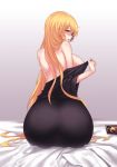  1girl ass bare_shoulders black_dress blonde_hair breasts commentary_request dress gradient gradient_background grey_background headdress headwear_removed highres indoors junko_(touhou) koissa large_breasts long_hair long_sleeves looking_at_viewer looking_back mature off_shoulder parted_lips profile red_eyes sitting smile solo touhou undressing very_long_hair white_background 