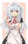  alternate_costume apron bangs blush enmaided essex_(zhan_jian_shao_nyu) feeding highres long_hair looking_at_viewer maid maid_headdress open_mouth pov_feeding red_eyes silver_hair solo spoon two_side_up white_apron zhan_jian_shao_nyu zhudacaimiao 