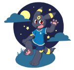  black_fur clothing cub cute_fangs eeveelution fur looking_at_viewer male mammal moon nintendo oob open_mouth pawpads pok&eacute;mon pok&eacute;mon_(species) red_eyes shirt shorts simple_background solo star t-shirt umbreon video_games yellow_fur young 