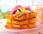  2018 cutie_mark equine feathered_wings feathers female feral fluttershy_(mlp) food freckles friendship_is_magic hair hi_res mammal miokomata my_little_pony pegasus smile solo waffle wings 