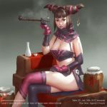  1girl adapted_costume breasts capcom cleavage han_juri looking_at_viewer revealing_clothes sitting street_fighter tobacco_pipe xia_taptara 