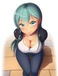  alternate_costume anchor_symbol aqua_eyes aqua_hair blouse blue_pants breasts casual cleavage denim jacket jeans jewelry kantai_collection large_breasts long_hair maku_ro necklace pants shadow smile solo suzuya_(kantai_collection) 