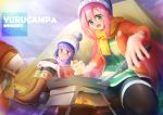  2girls blue_hair depth_of_field fire hair_between_eyes hat kagamihara_nadeshiko long_hair long_sleeves mcg6 multiple_girls open_mouth outdoors pink_hair purple_eyes scarf shima_rin smile yurucamp 