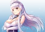  azur_lane bangs bare_shoulders belfast_(azur_lane) blue_background braid breasts chain cleavage closed_mouth collar corset elbow_gloves eyebrows_visible_through_hair french_braid gloves gradient gradient_background hand_on_own_face hand_up large_breasts lavender_hair long_hair looking_at_viewer maid_headdress pensuke purple_eyes shiny shiny_hair smile solo sparkle upper_body very_long_hair white_gloves 