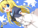  arms_behind_back blonde_hair blue_background blue_eyes blue_sailor_collar commentary_request cowboy_shot dress dutch_angle hat jervis_(kantai_collection) kanoe_soushi kantai_collection long_hair looking_at_viewer open_mouth sailor_collar sailor_dress short_sleeves smile solo star starry_background white_dress white_hat 