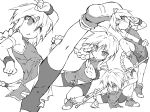  1girl absurdres ahoge arm_up ass bike_shorts boots braid china_dress chinese_clothes dress fighting_stance girl_with_a_blonde_braid_(tomoshibi_hidekazu) high_kick highres kicking knee_up long_hair monochrome one_eye_closed open_mouth original outstretched_leg pole ponytail shorts shorts_under_dress sketch sleeveless sleeveless_dress solo spread_legs squatting standing standing_on_one_leg tomoshibi_hidekazu very_long_hair weapon wristband 
