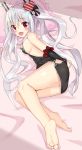  :d ass azur_lane bare_shoulders barefoot bed_sheet black_dress blush breasts china_dress chinese_clothes commentary_request detached_sleeves dress fang frilled_pillow frills hair_ornament heart heart_hair_ornament highres long_hair long_sleeves looking_at_viewer lying medium_breasts on_side open_mouth pillow red_eyes silver_hair sleeveless sleeveless_dress sleeves_past_wrists smile solo sutei_(xfzdarkt) twintails vampire_(azur_lane) very_long_hair 