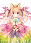  animal_ears bangs black_bow black_legwear blonde_hair blurry blurry_foreground blush bow brown_eyes chestnut_mouth commentary_request depth_of_field eyebrows_visible_through_hair fan fingernails floral_print flower folding_fan fox_ears hair_between_eyes hair_bow hakama hinamatsuri holding holding_fan japanese_clothes kimono layered_clothing layered_kimono long_hair long_sleeves looking_at_viewer mimiket miyasaka_miyu multicolored_hair nail_polish original parted_lips pink_bow pink_flower pink_kimono pink_nails print_kimono purple_hakama saishi short_kimono sidelocks solo striped striped_bow thighhighs twintails two-tone_hair white_background white_hair wide_sleeves yellow_flower 