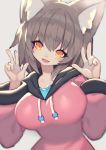  1girl :d animal_ear_fluff animal_ears bangs blush breasts brown_background brown_hair double_w drawstring eyebrows_visible_through_hair hair_between_eyes hand_up head_tilt hood hood_down hoodie large_breasts long_hair long_sleeves looking_at_viewer mamuru open_mouth orange_eyes original pink_hoodie simple_background smile solo thick_eyebrows w 