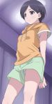  armpit_peek black_hair blush breasts brown_eyes closed_mouth expressionless green_hair green_shorts haruyama_kazunori looking_away medium_breasts orange_hoodie panties pantyshot pantyshot_(standing) short_hair short_sleeves shorts solo standing takashina_rika underwear wake_up_girls! white_panties 