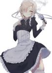  absurdres apron azur_lane black_dress blush braid chain cowboy_shot dress frilled_dress frilled_sleeves frills garter_straps hair_over_one_eye hand_on_own_chest highres holding kesoshirou long_sleeves looking_at_viewer maid maid_apron maid_headdress parted_lips platinum_blonde_hair sheffield_(azur_lane) shiny shiny_hair short_hair skin_tight smoke solo standing thighhighs waist_apron weapon white_apron white_background white_legwear yellow_eyes 