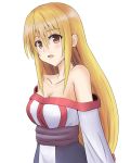  arc_the_lad arc_the_lad_ii bare_shoulders blonde_hair blush braid breasts brown_eyes cleavage commentary_request dress lieza long_hair looking_at_viewer low-tied_long_hair medium_breasts single_braid solo yukikan 