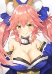  animal_ears bangs bare_shoulders blue_bow blush bow breasts cleavage closed_mouth commentary_request detached_sleeves eyebrows_visible_through_hair fate/extra fate_(series) fox_ears grey_background hair_between_eyes hair_bow large_breasts long_hair looking_at_viewer pink_hair sidelocks simple_background smile solo strapless tamamo_(fate)_(all) tamamo_no_mae_(fate) twintails tyone 