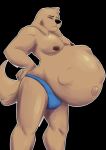  2018 abdominal_bulge anthro belly big_belly black_background canine clothed clothing discomfort dog eyes_closed fur hand_on_hip long_ears male male_pregnancy mammal navel outie_navel pregnant randomgirl1265 simple_background speedo swimsuit tan_fur tibetan_mastiff topless 