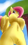  2017 anthro areola big_breasts breasts cloud equine erect_nipples eyelashes feathered_wings feathers female fluttershy_(mlp) friendship_is_magic fur hair hi_res huckser inner_ear_fluff looking_at_viewer looking_down low-angle_view mammal my_little_pony navel nipples nude outside pegasus pink_hair pubes pussy sky solo standing teal_eyes tree wings yellow_feathers 