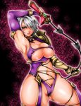  1girl areolae armpits blue_eyes breasts cleavage curvy gauntlets isabella_valentine large_breasts nipple_slip nipples revealing_clothes short_hair silver_hair solo soulcalibur sword weapon whip whip_sword 