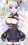  :d blue_eyes blush breasts cleavage cleavage_cutout commentary_request food hair_ornament hand_on_hip highres holding holding_food kaguya_luna kaguya_luna_(character) looking_at_viewer medium_breasts obi open_mouth sash shiratoriko short_hair silver_hair smile solo thighhighs twintails virtual_youtuber 