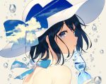  :o achiki bangs bare_shoulders black_hair blue_bow blue_eyes bottle bow eyebrows_visible_through_hair from_side halterneck hat hat_bow holding holding_bottle looking_at_viewer looking_to_the_side open_mouth original ramune simple_background sky_print solo sun_hat tareme upper_body water_drop white_hat yellow_background 