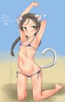  animal_ears aohashi_ame armpits barefoot bikini blush brave_witches breasts brown_eyes brown_hair cat_ears character_name freckles groin happy_birthday heart highres micro_bikini misumi_miya navel small_breasts solo swimsuit swimwear tail twintails world_witches_series 