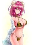  bandaged_arm bandages bare_shoulders bikini breasts commentary_request cowboy_shot criss-cross_halter double_bun gradient gradient_background halterneck horns ibaraki_kasen large_breasts looking_at_viewer medium_hair navel oni_horns pink_eyes pink_hair side-tie_bikini solo standing swimsuit tiger_stripes touhou white_background y2 yellow_background 