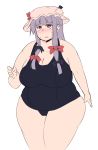  belly big_belly blue_ribbon blue_swimsuit blush breasts cleavage commentary_request competition_school_swimsuit crescent crescent_hair_ornament fat fat_folds hair_ornament hair_ribbon hand_up hat highres huge_breasts long_hair mob_cap nengorogoro obese one-piece_swimsuit open_mouth patchouli_knowledge purple_eyes purple_hair red_ribbon ribbon sagging_breasts school_swimsuit solo sweat swimsuit thick_thighs thighs touhou wide_hips 